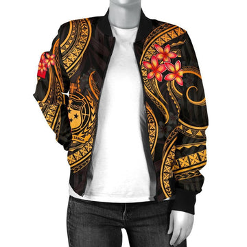 FUNSTUFFPRINT Samoa Polynesian Women Bomber Jacket - Gold Plumeria - 3D Bomber Jacket