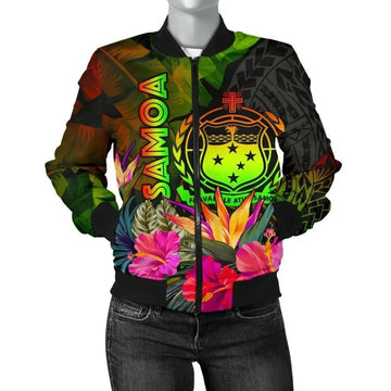 FUNSTUFFPRINT Samoa Polynesian Women's Bomber Jacket - Hibiscus and Banana Leaves - 3D Bomber Jacket