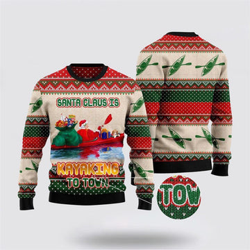 FUNSTUFFPRINT Santa Claus Is Kayaking To Town Ugly Christmas Sweater For Men And Women, Best Gift For Christmas, The Beautiful Winter Christmas Outfit Ugly Sweater