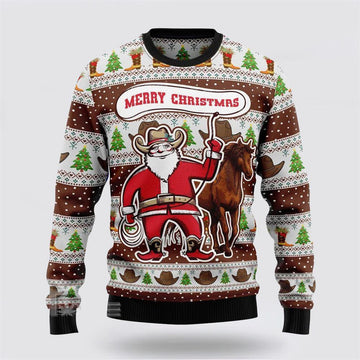 FUNSTUFFPRINT Santa Claus Sweater, Cowboy Santa Claus Ugly Christmas Sweater, Santa Claus Outfit History Ugly Sweater