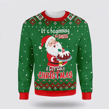 FUNSTUFFPRINT Santa Claus Sweater, Its Beginning To Taste A Lot Like Christmas Santa Claus Baking Ugly Christmas Sweater, Santa Claus Outfit History Ugly Sweater
