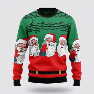 FUNSTUFFPRINT Santa Claus Sweater, Santa Claus And Music Notes Ugly Sweater, Funny Santa Sweaters, Santa Claus Outfit History Ugly Sweater