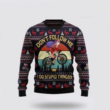 FUNSTUFFPRINT Santa Claus Sweater, Santa Claus On Mountain Bike Ugly Christmas Sweater, Santa Claus Outfit History Ugly Sweater