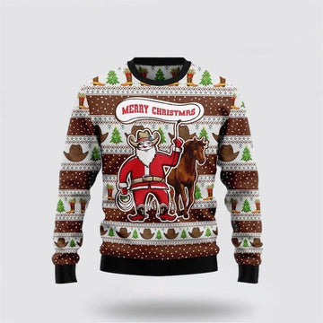 FUNSTUFFPRINT Santa Claus Sweater, Ugly Cowboy Santa Claus And Horse Merry Christmas Sweater, Santa Claus Outfit History Ugly Sweater