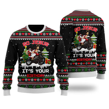 FUNSTUFFPRINT Santa Jesus Ride Motobike Ugly Christmas Sweater For Men & Women - Jesus Christ Sweater - God Gifts Idea Ugly Sweater