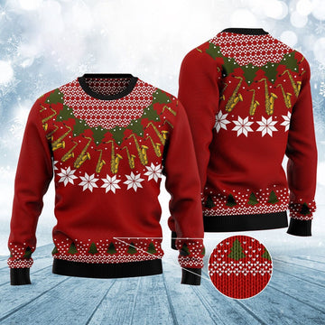 FUNSTUFFPRINT Saxophone Pattern Ugly Christmas Sweater, Christmas Sweater, Ugly Sweater, Funny Xmas Sweaters Ugly Sweater