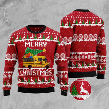 FUNSTUFFPRINT School Bus Merry Christmas Ugly Christmas Sweater, Christmas Sweater, Ugly Sweater, Funny Xmas Sweaters Ugly Sweater