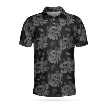 Seamless Skull Goth Polo Shirt, Black Floral Skull Pattern Polo Shirt, Best Gothic Shirt For Men - Perfect Gift For Men, Golfer
