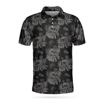 Seamless Skull Goth Polo Shirt, Black Floral Skull Pattern Polo Shirt, Best Gothic Shirt For Men