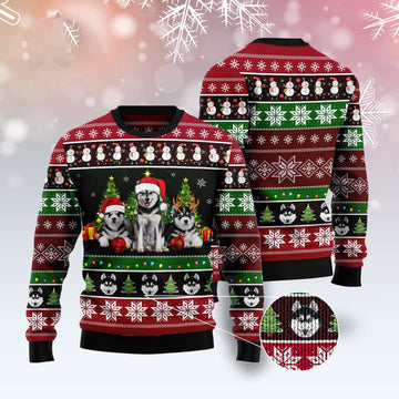 FUNSTUFFPRINT Siberian Husky Group Beauty Ugly Christmas Sweater, Dog Ugly Christmas Sweater, Ugly Dog Sweaters Ugly Sweater