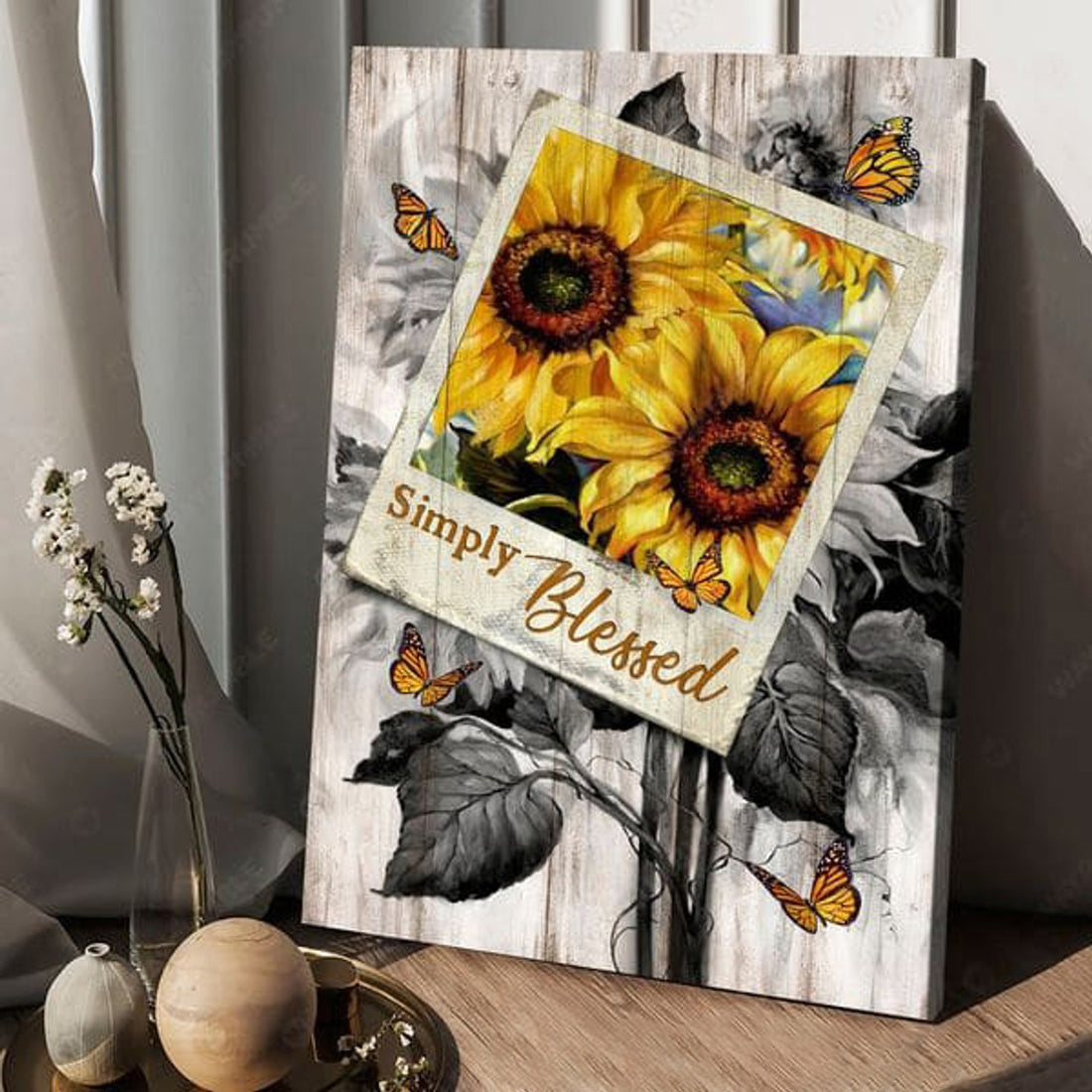 Simply Blessed, Sunflower Poster, Butterfly Flower Poster and Canvas