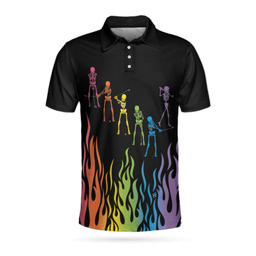 Skeleton Playing Golf Polo Shirt, Rainbow Pallette Fire Golfing Polo Shirt, Cool Golf Shirt For Men