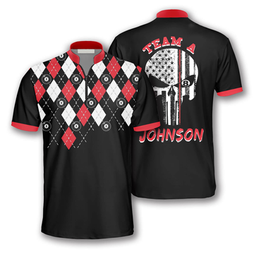 Custom Zipper Polo Shirt Skull Red Argyle Pattern Custom Billiard Jerseys for Men, Billiard Shirt, Skull Zipper Polo Shirt