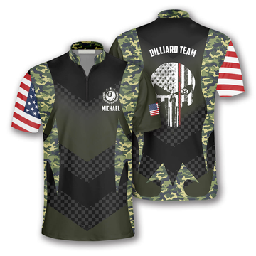 Custom Skull Camouflage Flag Custom Billiard Jerseys for Men, Zipper Polo Shirt Billiard Team Shirt
