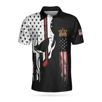 Skull American Flag With Golf Club Polo Shirt, Black And White American Flag Polo Shirt, Patriotic Golf Shirt For Men