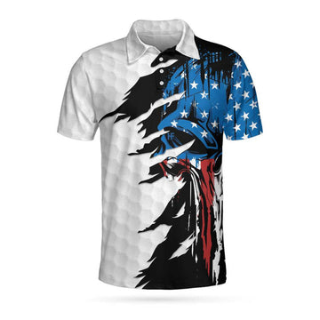 Skull American Ripped Golf Polo Shirt, White American Flag Polo Shirt, Patriotic Golf Shirt For Men