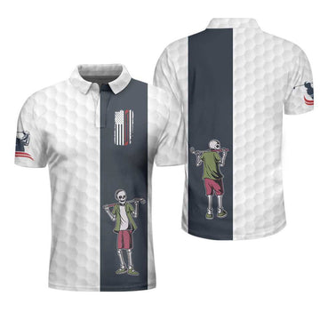 Youngster Skeleton Golf Lover American Flag Polo Shirt, White American Flag Golf Shirt For Men