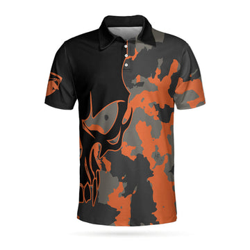 Skull Orange Camouflage Golf Polo Shirt, Streetwear Camo Golf Shirt For Men