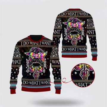 FUNSTUFFPRINT Skull Ugly Christmas Sweater All Over Print Sweatshirt I Do What I Want – Christmas Gifts For Frends Ugly Sweater