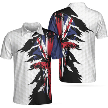 Skull United Kingdom Ripped Golf Short Sleeve Polo Shirt, Golf Pattern Polo Shirt, Uk Golf Shirt For Men