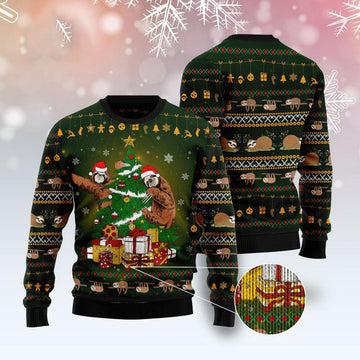 FUNSTUFFPRINT Sloth Christmas Tree Ugly Christmas Sweater, Xmas Tree Sweater, Christmas Sweater Ugly Sweater