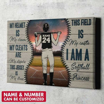 Custom Softball Poster, Softball Lover, My Helmet Is My Crown, My Cleats Are My Slippers Customized Personalized NAME/NUMBER Poster and Canvas