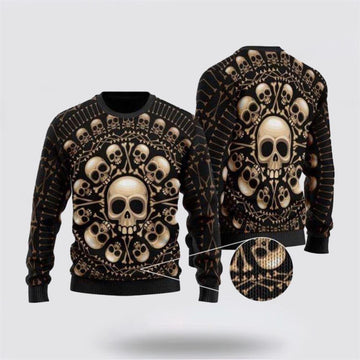 FUNSTUFFPRINT Spooktacular Skull Pattern Ugly Christmas Sweater – Christmas Gifts For Frends Ugly Sweater