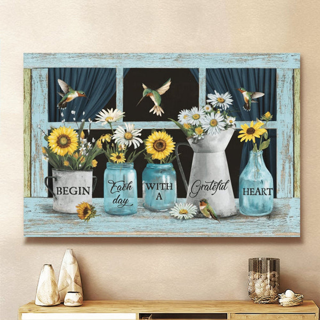Sunflower Daisy Begin Each Day With A Grateful Heart Christ Canvas Wall Art - Christian Poster - Religious Wall Decor
