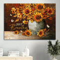 Sunflower Painting White Butterfly Motivational Quote Just Breathe Canvas Wall Art - Christian Wall Decor