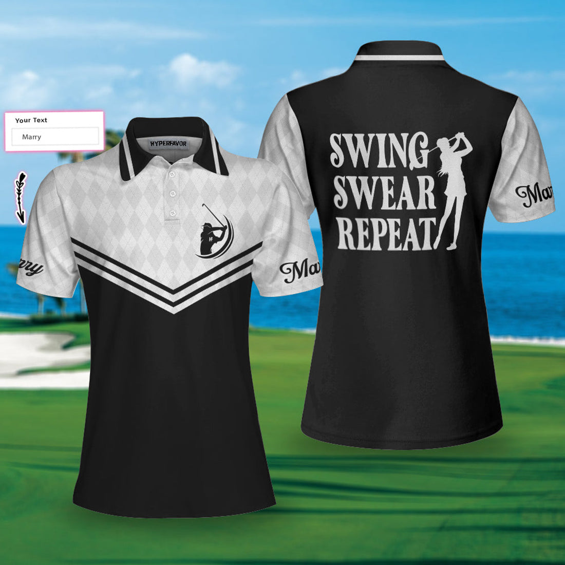 Custom Swing Swear Repeat Custom Short Sleeve Women Polo Shirt, Black And White Golf Shirt For Female Players - Perfect Gift For Women