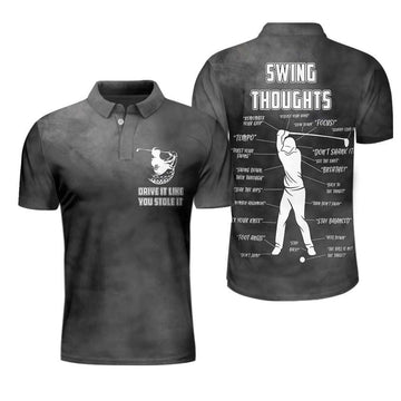 Swing Thoughts Short Sleeve Golf Polo Shirt, Black And Smoke Golfing Shirt, Funny Golf Shirt For Men