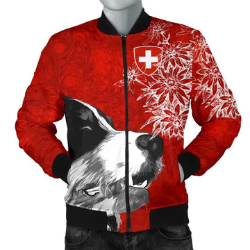FUNSTUFFPRINT Switzerland Men's Bomber Jacket Bernese Mountain Dog and Edelweiss 3D Bomber Jacket