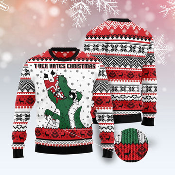 FUNSTUFFPRINT T-Rex Hates Christmas Ugly Christmas Sweater, Christmas Sweater, Ugly Sweater, Funny Xmas Sweaters Ugly Sweater