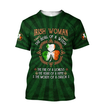 FUNSTUFFPRINT Irish Woman The Soul Of a Witch 3D Shirt, Shamrock Ireland Flag Shirt, Gif for Patrick's Day 3D T-shirt