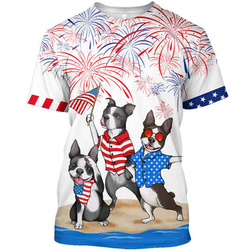 FUNSTUFFPRINT Boston Terriers T-Shirt Gift For Dog Lover This Summer Funny Independence Day Dog In 3D T-shirt