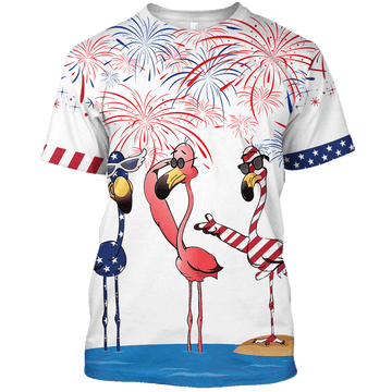 FUNSTUFFPRINT Flamingo Shirts For Independence Day, Funny Patriotic Shirt American Flamingo 3D T-shirt