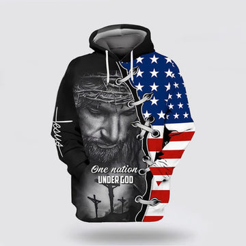 FUNSTUFFPRINT 3D Three Crosses One Nation Under God Jesus Wreath American Flag 3D Hoodie and Zip Hoodie