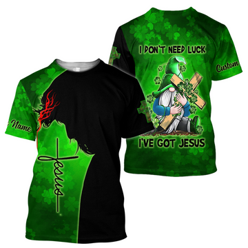 FUNSTUFFPRINT Personalized Irish Jesus Unisex Shirt For Man and Women, I Don't Need Luck I've Got Jesus Gnome Patrick Day Shirt 3D T-shirt