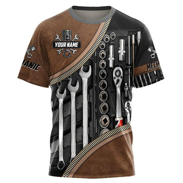 FUNSTUFFPRINT Personalized Name Mechanic Unisex Shirts with Leather patten, 3D Mechanic Shirt, Mechanician Shirts 3D T-shirt
