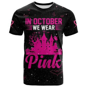 FUNSTUFFPRINT 3D All Over Print Breast Cancer T-Shirt In October We Wear PINK Halloween Castle Black 3D T-shirt