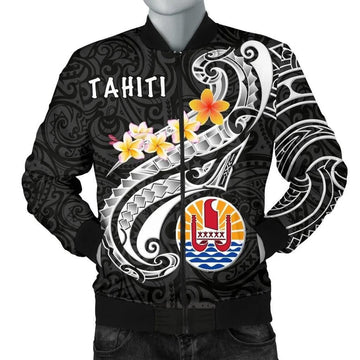 FUNSTUFFPRINT Tahiti Men's Bomber Jacket - Tahiti Seal Polynesian Patterns Plumeria (Black) - 3D Bomber Jacket