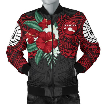FUNSTUFFPRINT Tahiti Polynesian Men's Bomber Jacket - Hibiscus and Sea Turtle (Red) - 3D Bomber Jacket