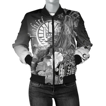 FUNSTUFFPRINT Tahiti Women's Bomber Jacket - Humpback Whale with Tropical Flowers (White)- 3D Bomber Jacket