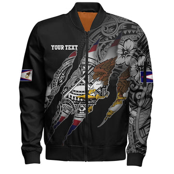 FUNSTUFFPRINT American Samoa Bomber Jacket Custom AS Pride Polynesian Sleeve Tattoo Scratch Style Black 3D Bomber Jacket