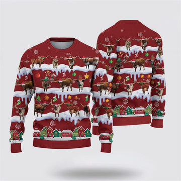 FUNSTUFFPRINT Texas Longhorn Christmas Knitted Sweater, Gifts For Farmers, Rural Lovers Ugly Sweater