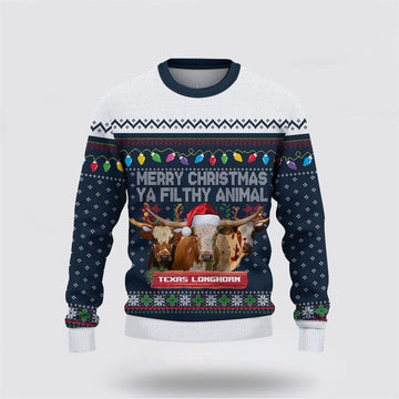 FUNSTUFFPRINT Texas Longhorn Merry Christmas Ugly Sweater, Gifts For Farmers, Rural Lovers Ugly Sweater