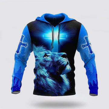 FUNSTUFFPRINT 3D The King Lion Cross Light Blue 3D Hoodie and Zip Hoodie