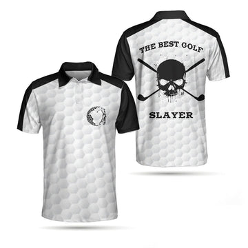 The Best Golf Slayer Wet Ink Skull Polo Shirt, Black Shoulder White Golf Pattern Polo Shirt, Best Golf Shirt For Men