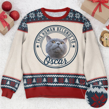 FUNSTUFFPRINT Custom This Human Belongs To Ugly Sweater