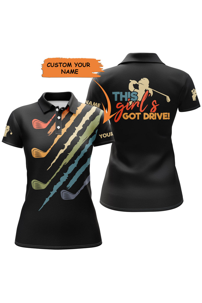 Custom This Girl's Got Drive Vintage Black Women's Golf Polo Shirts Custom Name Golfing Gift, Gift For Golfer